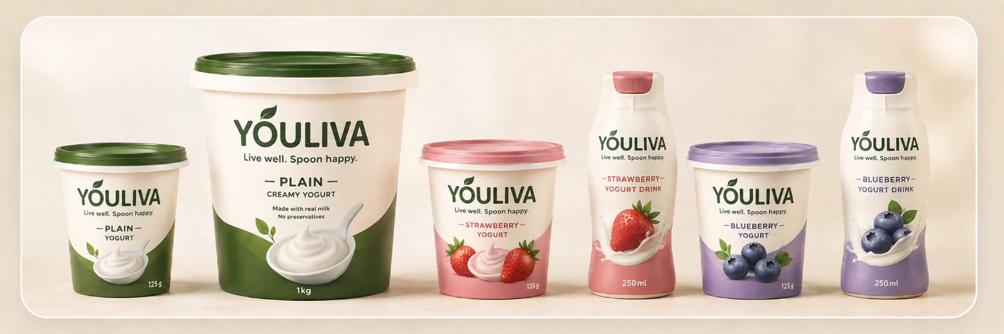 YOULIVA cups, tubs, and drinkable yogurt product lineup